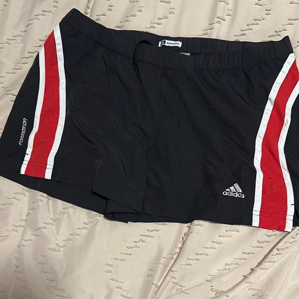 adidas Black Athletic Shorts with Red and White Stripes